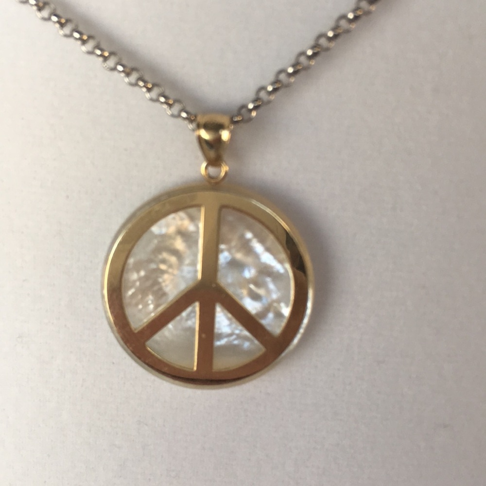 White Mother of Pearl Peace Sign Pendant 14k